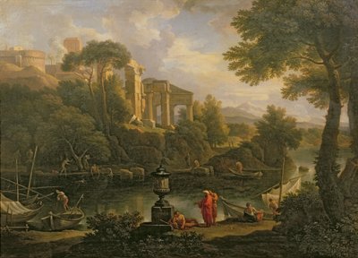 Paisaje con figuras junto a un estanque con ruinas al fondo de Jan Frans van Bloemen